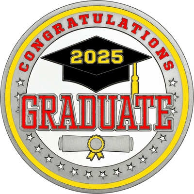Red "Congratulations Graduate" with Yellow 2025, Rim, Tassel & Ribbon